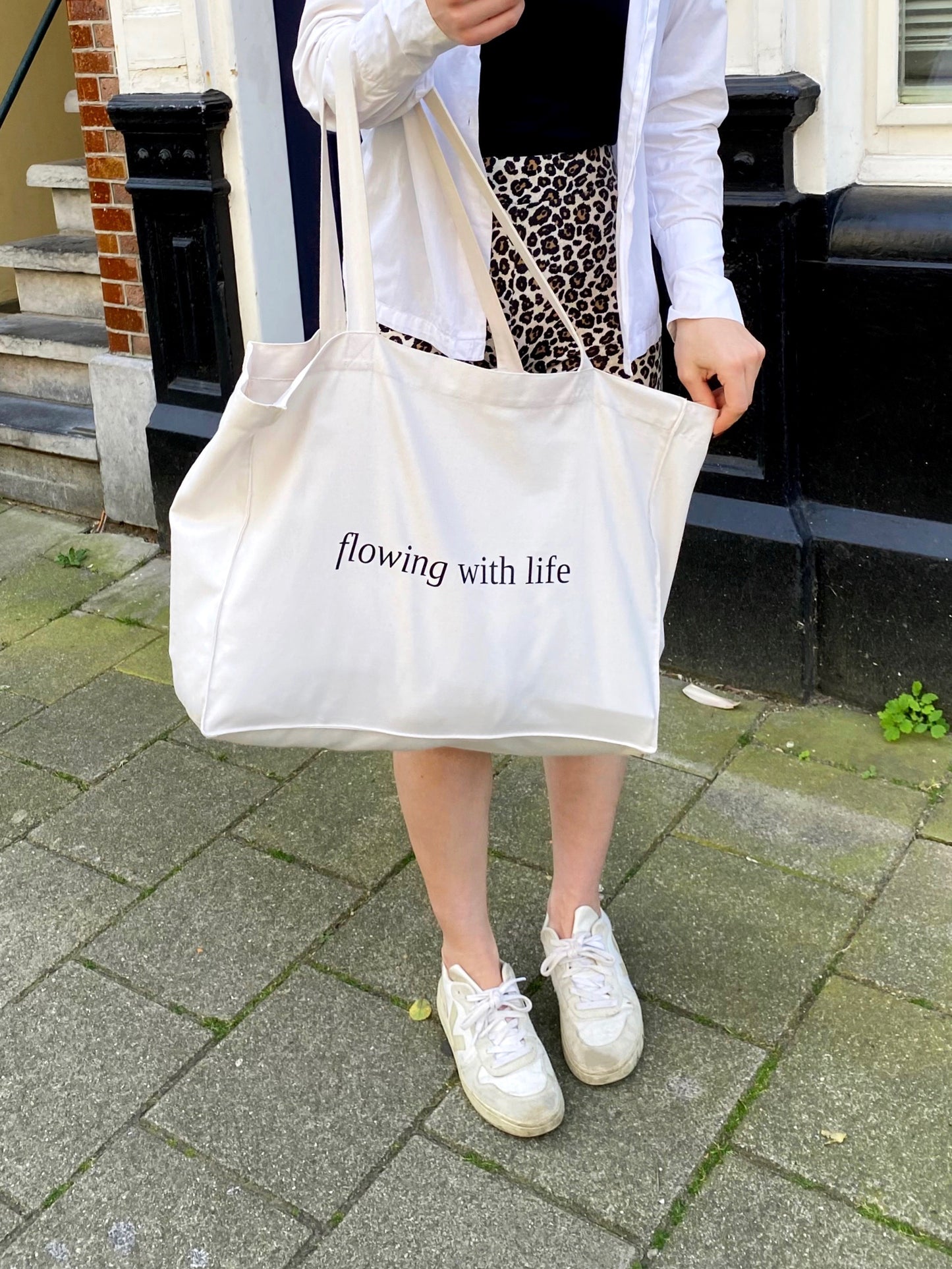 Flowing with Life - Sustainable Shopping Bag Organic XL Tote Bag Ethical Oversized Tote in Natural White