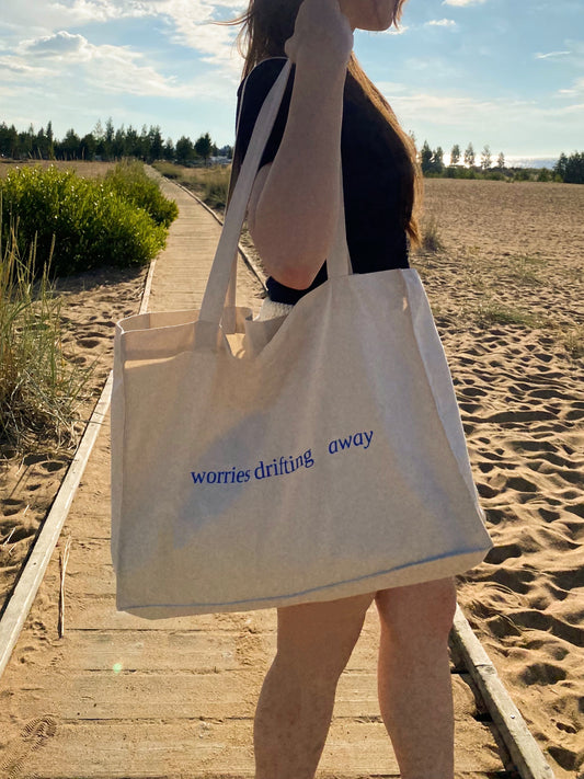 Worries Drifting Away - Sustainable Shopping Bag Organic XL Tote Bag Ethical Oversized Tote in Natural White