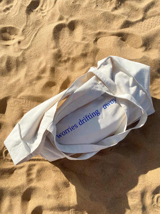 Worries Drifting Away - Sustainable Shopping Bag Organic XL Tote Bag Ethical Oversized Tote in Natural White