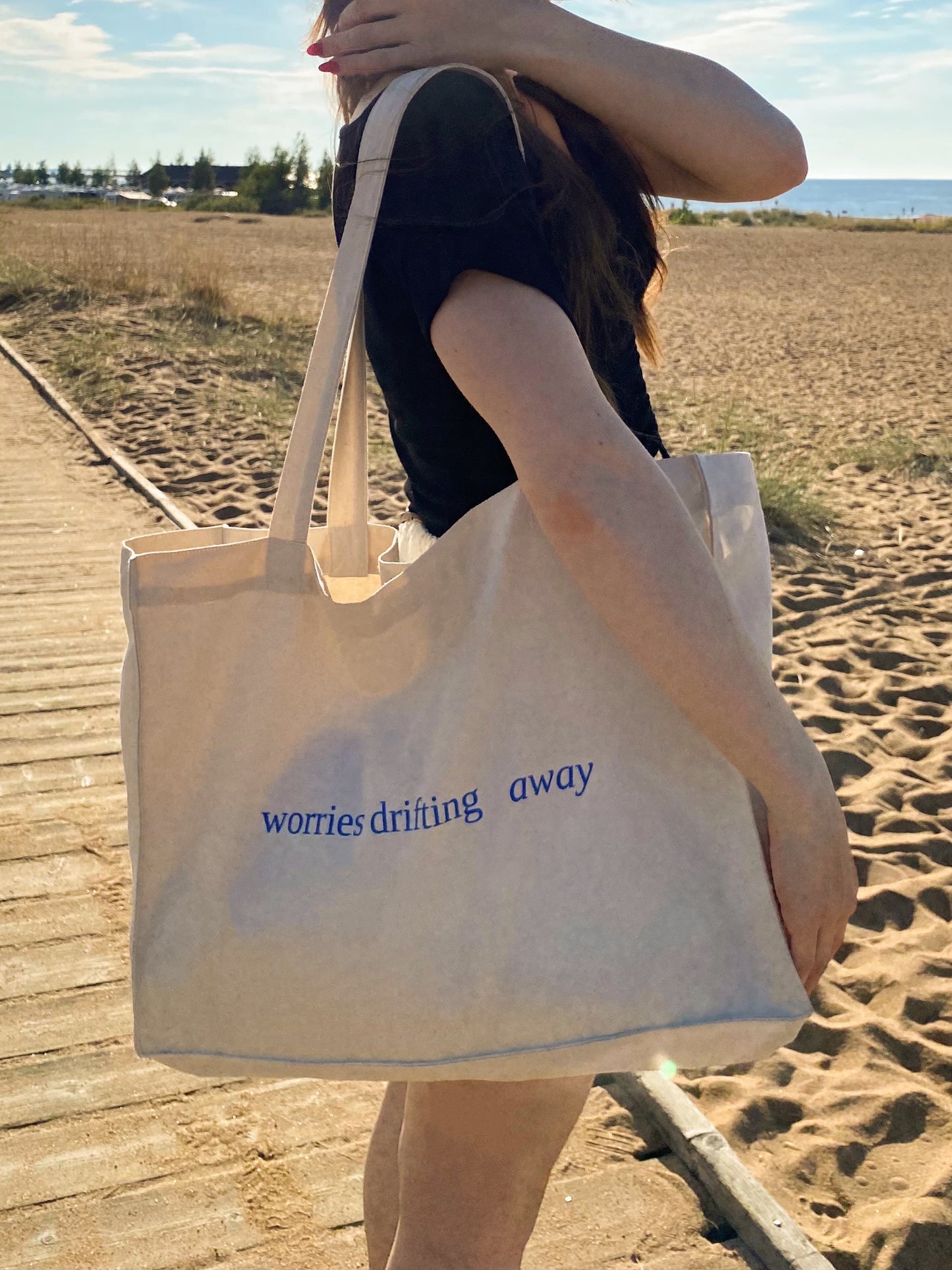Worries Drifting Away - Sustainable Shopping Bag Organic XL Tote Bag Ethical Oversized Tote in Natural White
