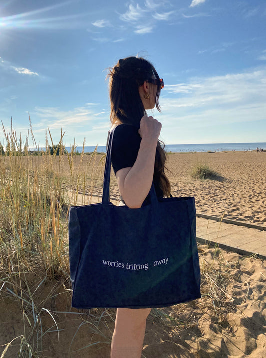 Worries Drifting Away - Sustainable Shopping Bag Organic XL Tote Bag Ethical Oversized Tote in Midnight Blue