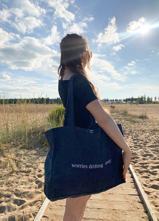 Worries Drifting Away - Sustainable Shopping Bag Organic XL Tote Bag Ethical Oversized Tote in Midnight Blue